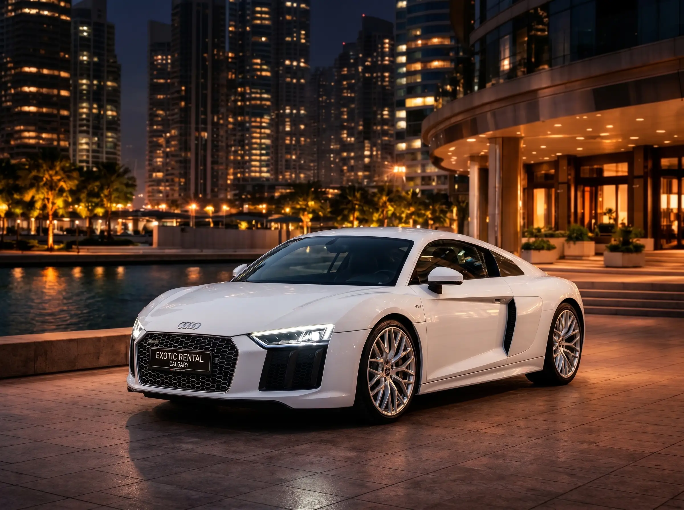 White Audi R8 V10 exotic rental car parked with a view of Calgary Tower and the Rocky Mountains, available for premium rental and events