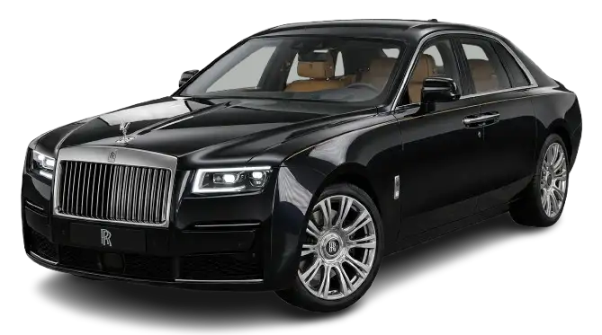 A powerful front-angle view of a deep black Rolls Royce Ghost luxury sedan, representing the premium fleet available for instant booking at Exotic Rental Calgary.