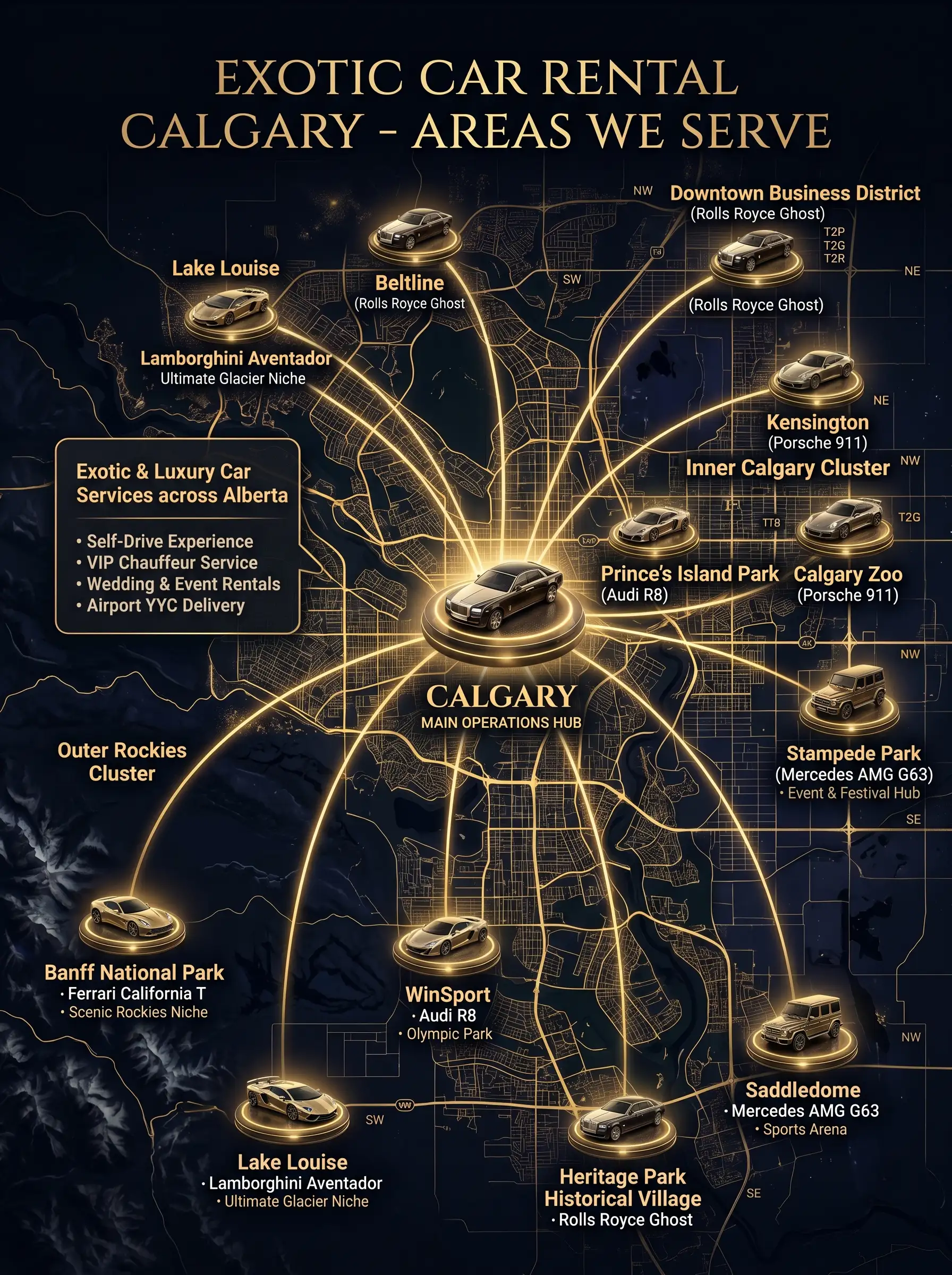 Explore the comprehensive service areas of EXOTIC CAR RENTAL CALGARY on this stylized map. Our extensive network covers central Calgary neighborhoods (Downtown, Beltline, Kensington, Stampede, WinSport) and extends across the Canadian Rockies to scenic destinations like Banff National Park, Lake Louise, and Kananaskis Country. We provide seamless delivery for all your Self-Drive, VIP Chauffeur, Wedding, and Airport needs.