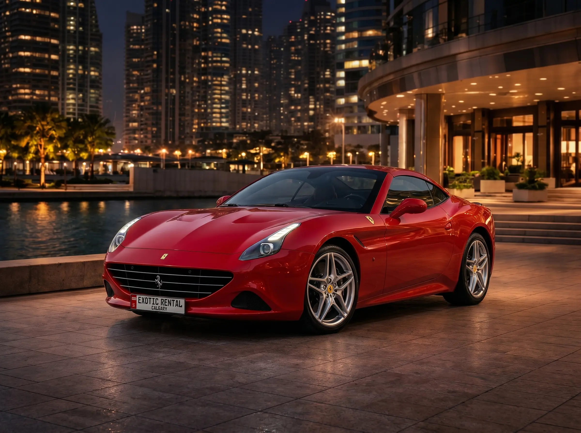 Stunning Ferrari California T convertible exotic rental car available for self-drive and chauffeur services, parked near Downtown Calgary and the Rocky Mountains