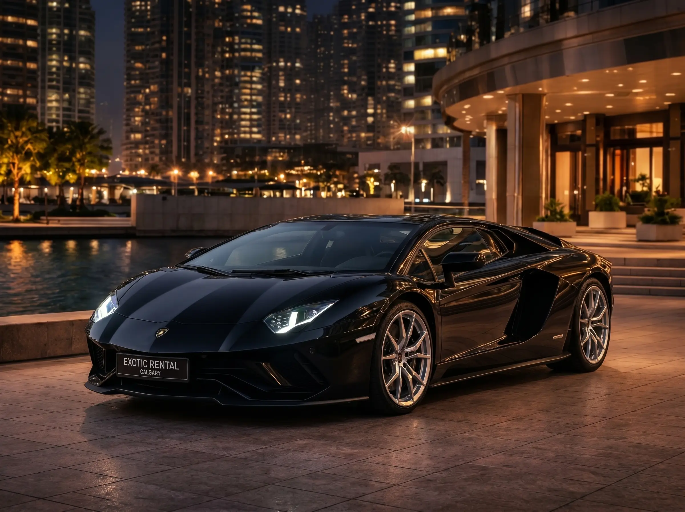 Sleek Lamborghini Aventador available for exotic car rental in Calgary, parked elegantly with the city skyline in the background, offering premium self-drive and VIP chauffeur services.