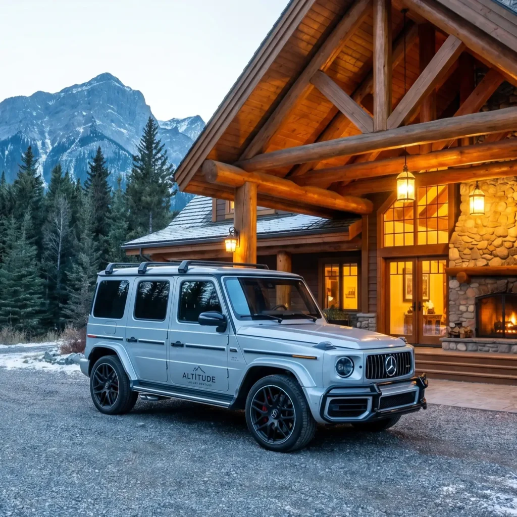 Luxury and SUV Rental service in Calgary, featuring a premium silver Mercedes AMG G63 parked at a mountain resort in Kananaskis Country, representing executive comfort and group travel.