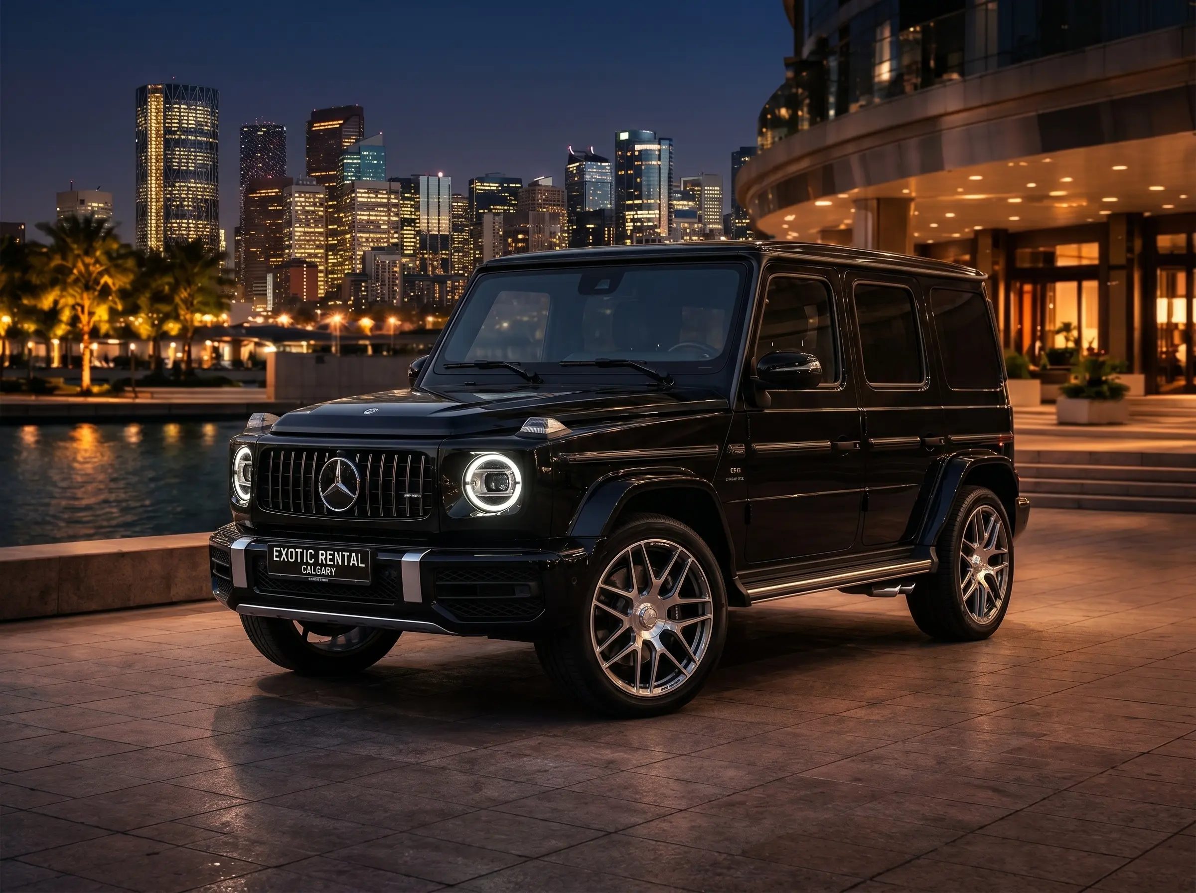 Black Mercedes AMG G63 luxury SUV rental parked near the Canadian Rocky Mountains in Calgary, available for VIP and airport services.