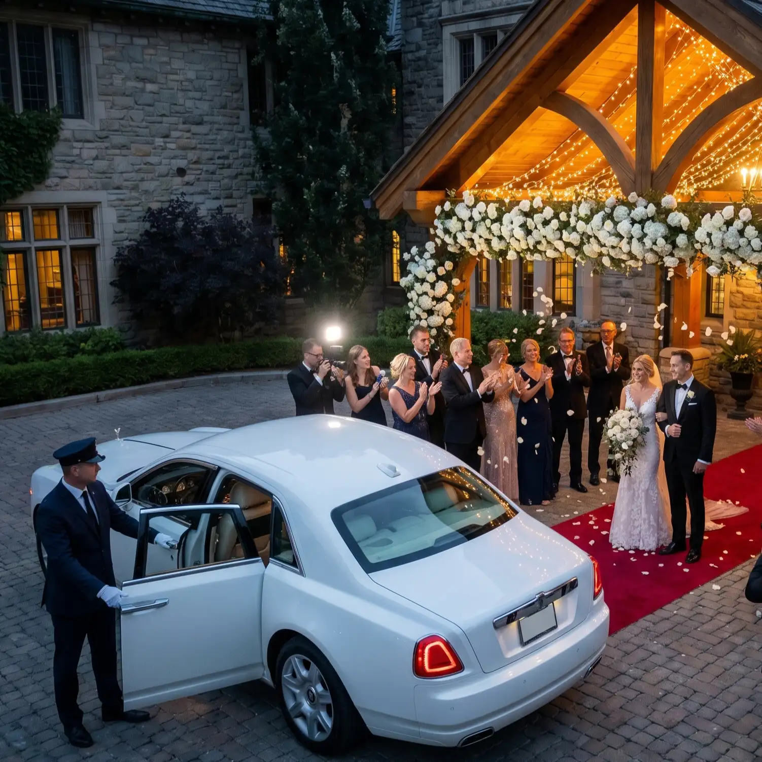 Premium wedding car rental service in Calgary showing a pristine white Rolls Royce Ghost parked inside a private luxury banquet courtyard, with a chauffeur holding the door for a celebrating bridal couple and guests.