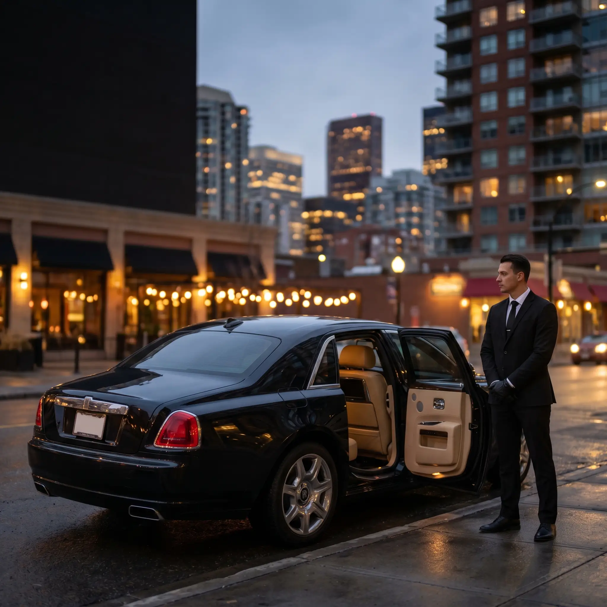Close-up representing VIP Chauffeur Service in Calgary, featuring a uniformed driver wearing a white glove opening the passenger door of a luxurious black Rolls Royce Ghost against a blurred Downtown Calgary night skyline.