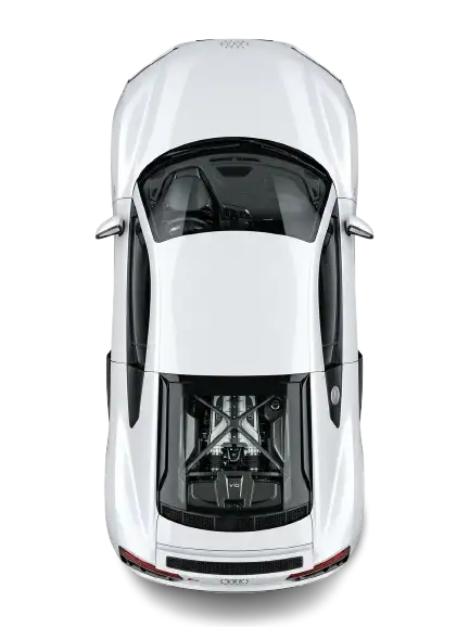 A direct top-down bird's-eye view of a brilliant white Audi R8 V10 supercar with a visible mid-engine bay, representing the elite fleet at Exotic Rental Calgary on a transparent background.