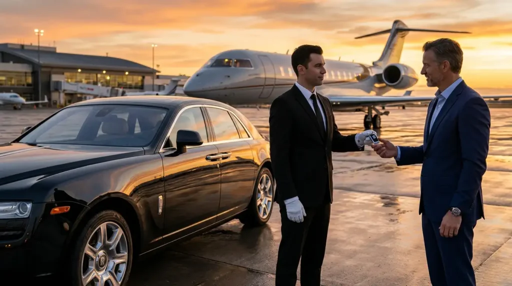 A photorealistic cinematic image showing a uniformed professional chauffeur handing the keys of a pristine black Rolls Royce Ghost to a business executive on the YYC private jet ramp at dusk, with a private business jet in the background.