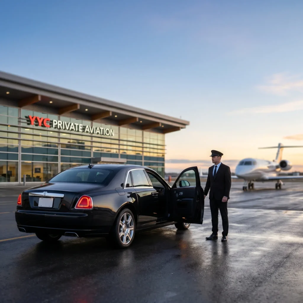 Close-up view representing VIP Airport Chauffeur service in Calgary, featuring a uniformed driver holding open the passenger door of a luxury black Rolls Royce Ghost at YYC Airport private terminal.