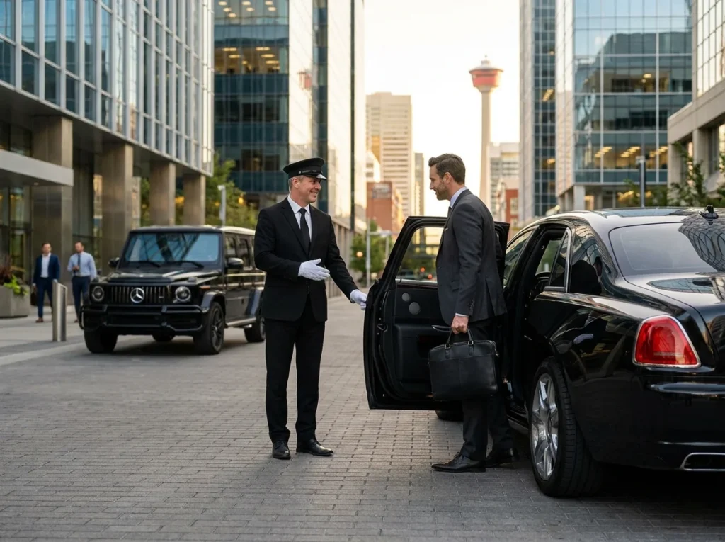 Professional chauffeur opening a black Rolls Royce door for a female executive in downtown Calgary, with a Mercedes AMG G63 in the background.