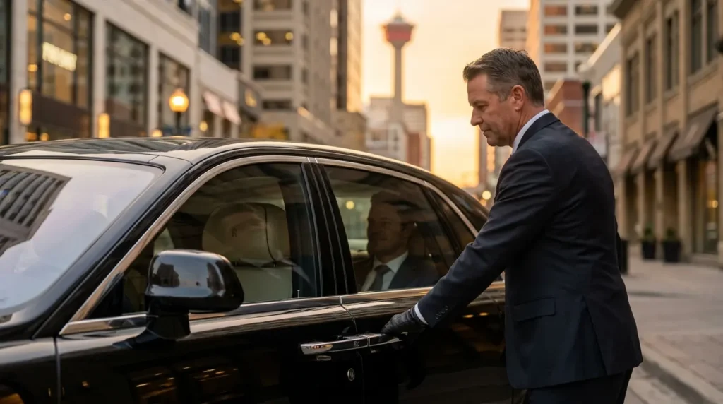 A highly photorealistic, cinematic shot of a professional male chauffeur in a perfectly tailored dark suit respectfully gently closing the rear passenger door of a gleaming, pristine black Rolls Royce Ghost. Inside the softly lit, luxurious cabin, a relaxed and satisfied executive client can be partially seen, conveying a sense of ultimate safety and 5-star comfort. The background features a softly blurred (bokeh) upscale modern street in downtown Calgary, subtly highlighting the Calgary Tower in the warm, inviting light of golden hour. The overall aesthetic is sleek, minimalist, highly professional, and deeply trustworthy. 8k resolution, ultra-detailed, high-end commercial automotive photography, luxury lifestyle.