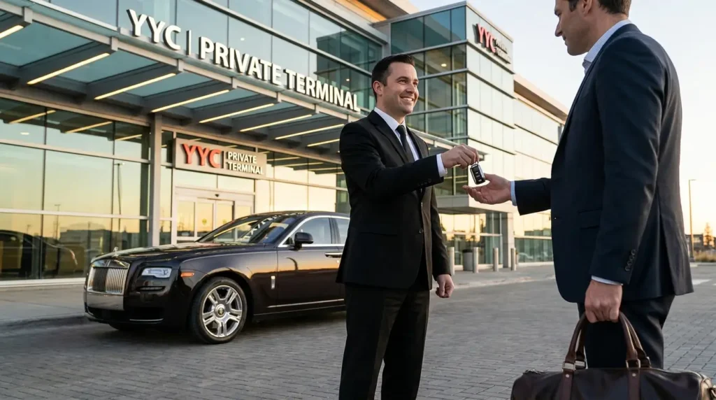 Chauffeur handing over keys to a VIP client next to a black Rolls Royce Ghost outside the YYC Private Terminal in Calgary.