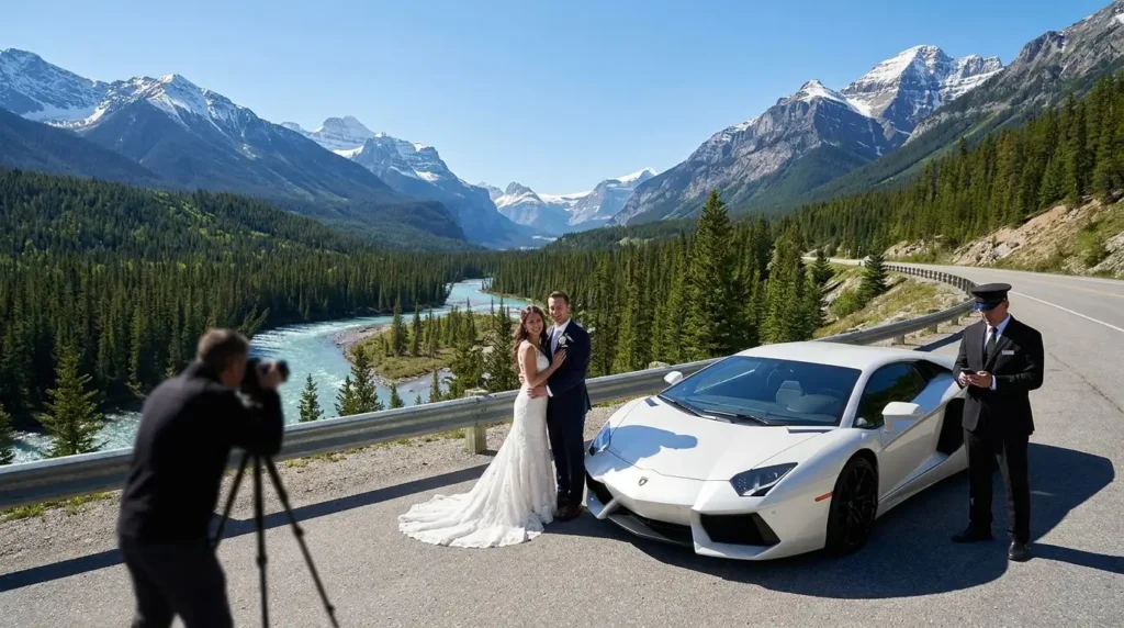 An eloping couple taking wedding photos next to a luxury car overlooking the Rocky Mountains in Banff National Park.