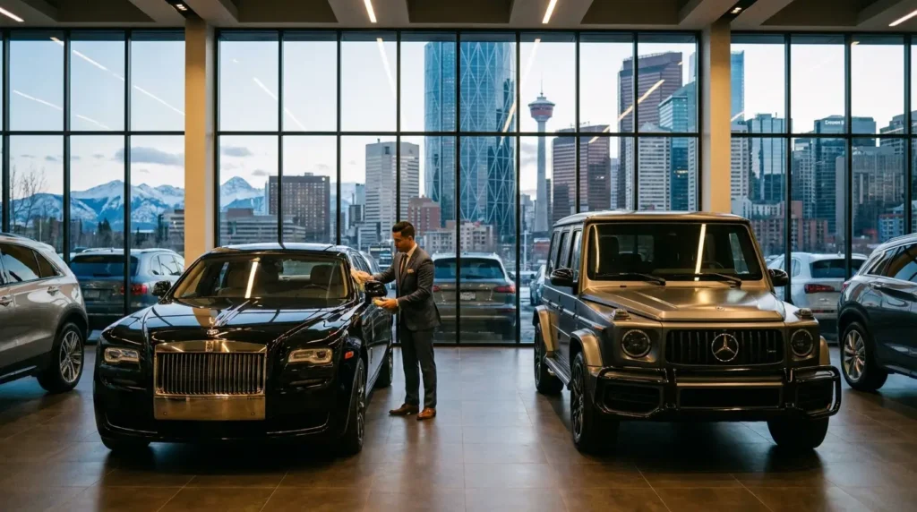 A pristine black Rolls Royce Ghost and a Mercedes AMG G63 G-Wagon in a luxury Calgary vehicle showroom.