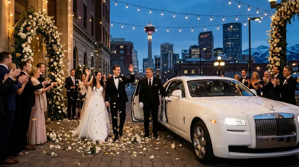 Happy bride and groom entering a white Rolls Royce Ghost getaway car provided by Exotic Rental Calgary's trusted chauffeur service at dusk