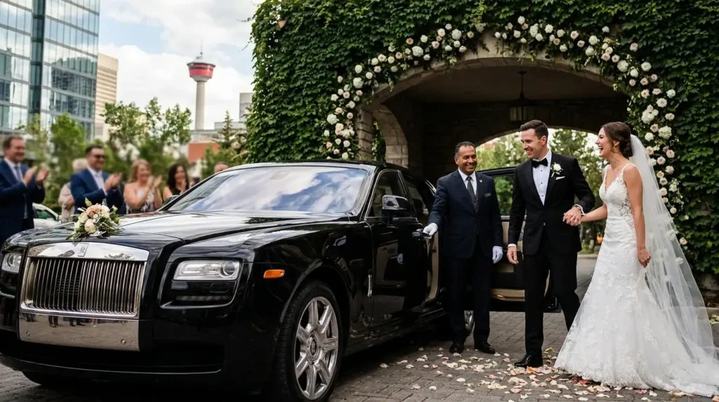 Bride and groom arriving at a decorated Calgary wedding venue in a black Rolls Royce Ghost rental.