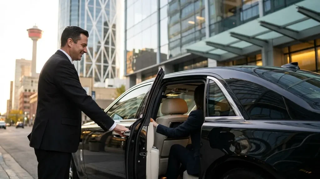 A professional chauffeur in a suit opening the rear door of a black Rolls Royce Ghost for an executive client in downtown Calgary.