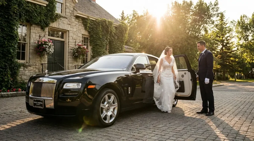 A beautiful bride stepping out of a black Rolls Royce Ghost at Heritage Park Historical Village in Calgary.