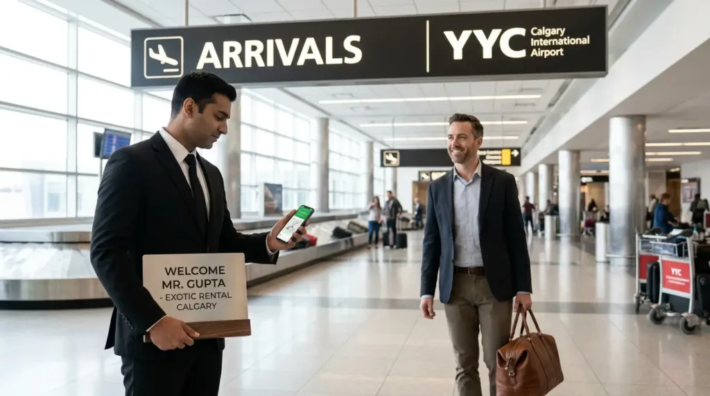 A chauffeur in a suit checking his phone with flight tracking data while holding a 'Welcome' sign at Calgary International Airport (YYC) arrivals.