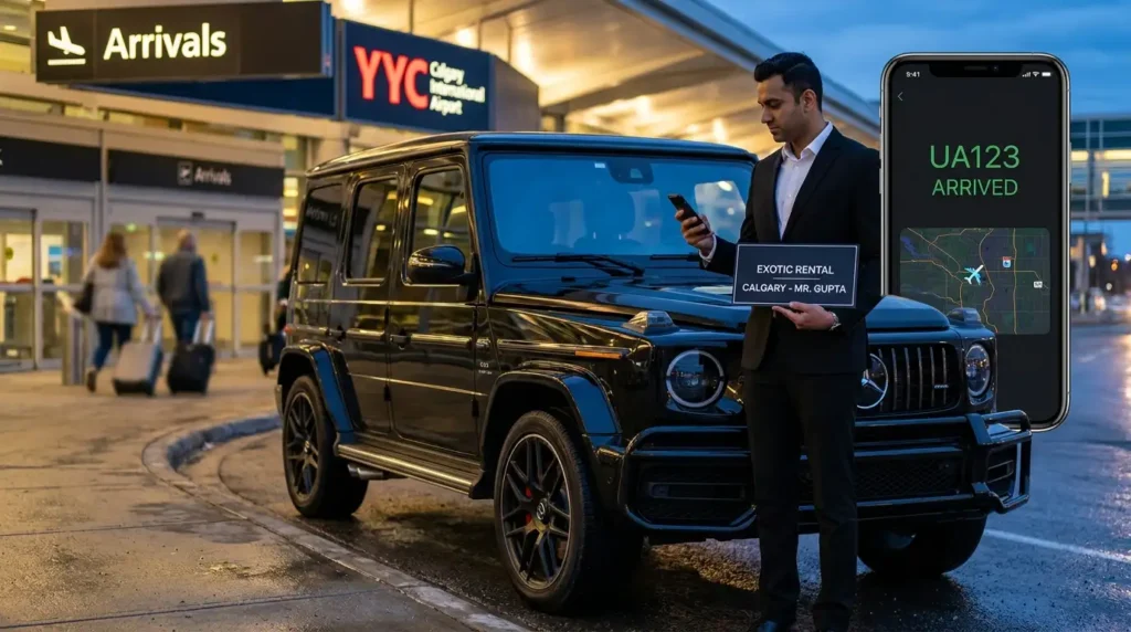 An Exotic Rental Calgary chauffeur checking flight data next to a black Mercedes G63 at YYC Calgary International Airport arrivals.